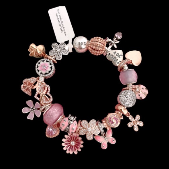 Linx Silver Snake Chain Bracelet with Rose Gold Silver and Pink Themed Charms